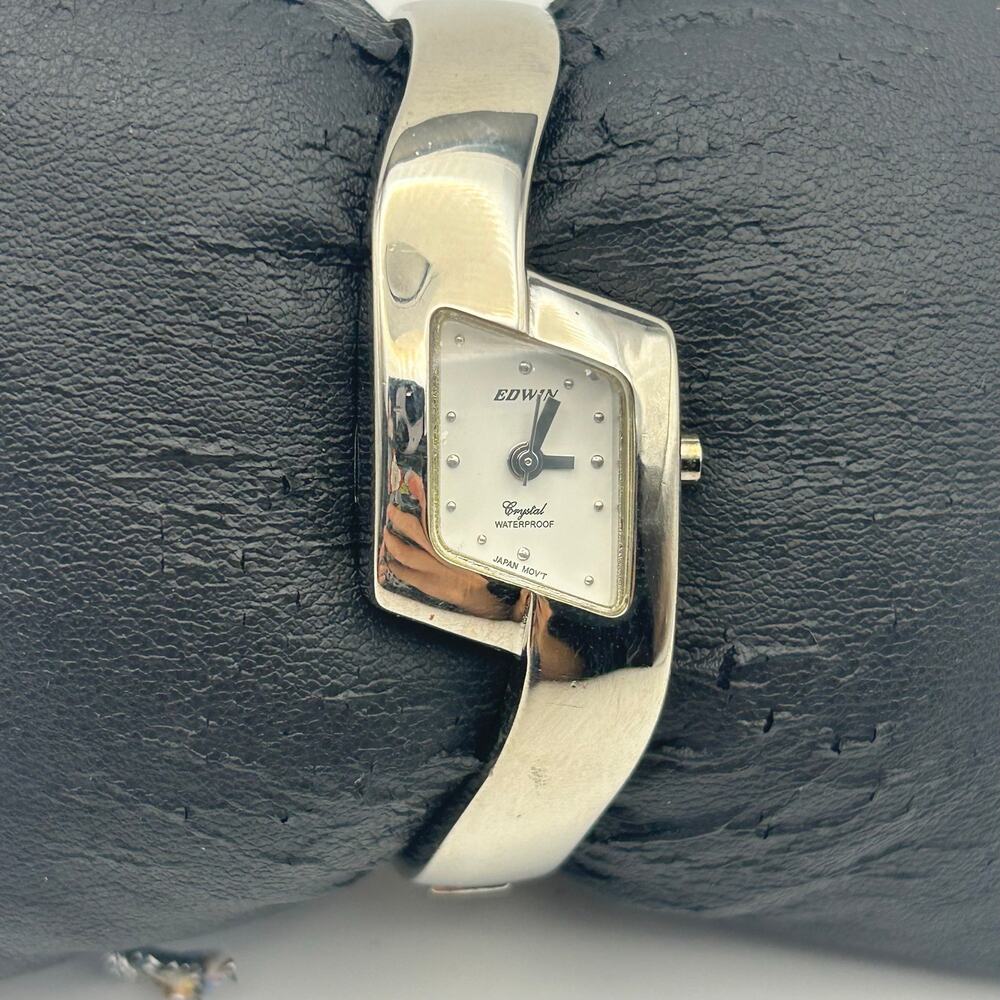 EDWIN Silver-tone Diamond Dial Crystal Waterproof Bangle Cuff Watch New Battery